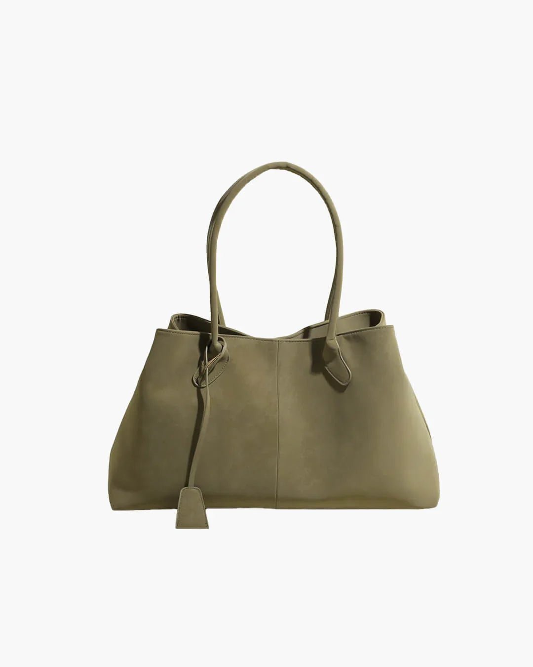 Khaki suede handbag with double handles and minimalist design on white background
