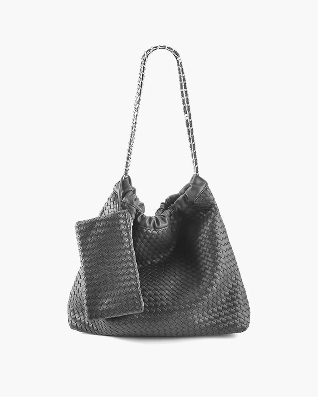 Gray woven leather handbag with drawstring closure and matching attached pouch