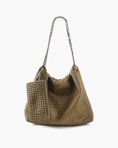 Khaki woven leather shoulder bag with chain strap and attached zip pouch on white background